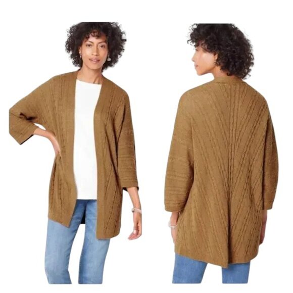 J.JILL Open Front Cable Knit Kimono Cardigan in Butterscotch Brown SZ XL - Picture 2 of 12